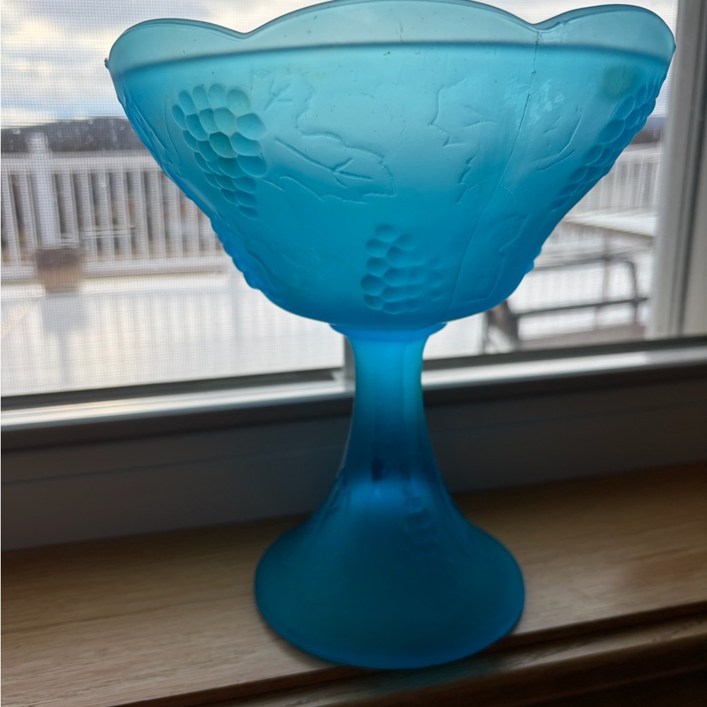 Vintage Indiana Glass Frosted Blue Glass  Compote with Grape Motif